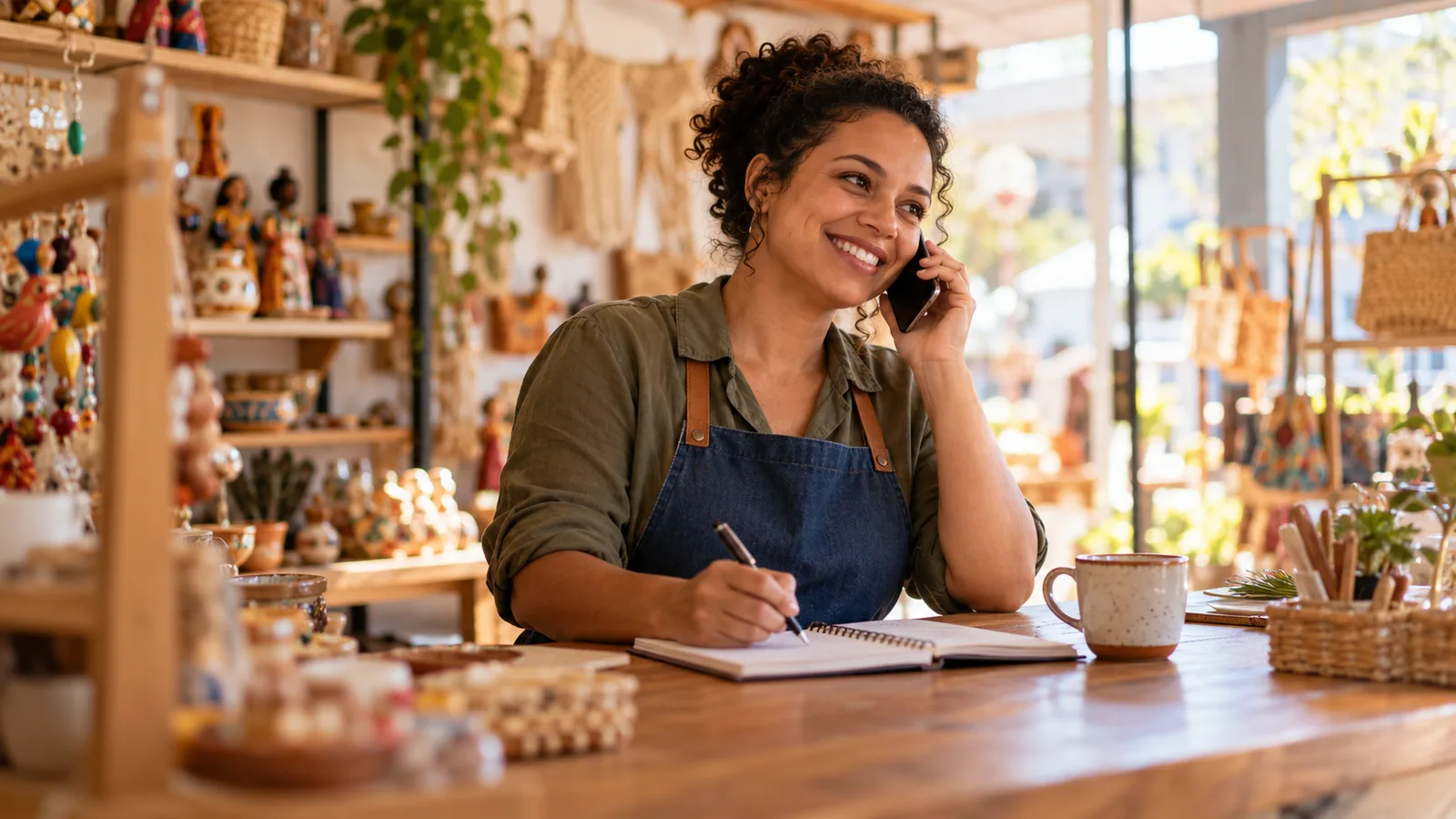 Dona de uma loja de artesanato sorri ao telefone atrás do balcão de madeira, anotando o pedido de uma cliente num caderno, com uma xícara de café ao lado
