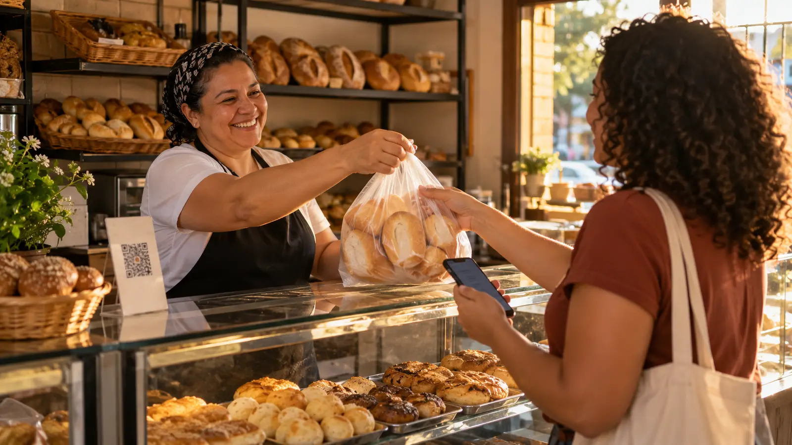 Dona de padaria sorri ao entregar uma sacola de pães a uma cliente que segura o celular, com um cartão de QR code sobre o balcão