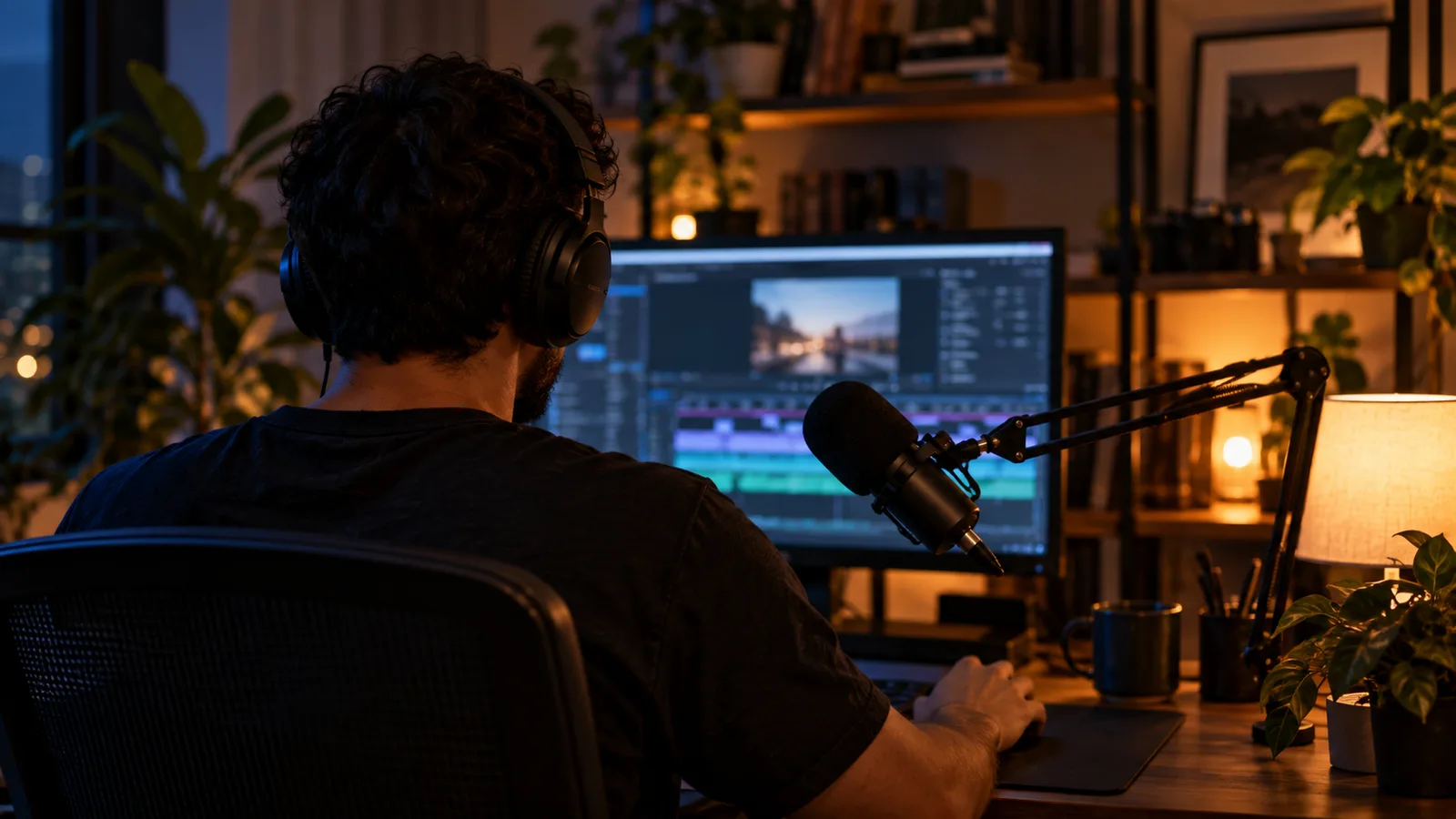 Criador de conteúdo de costas, com fones e microfone, editando um vídeo no computador em um estúdio caseiro à noite