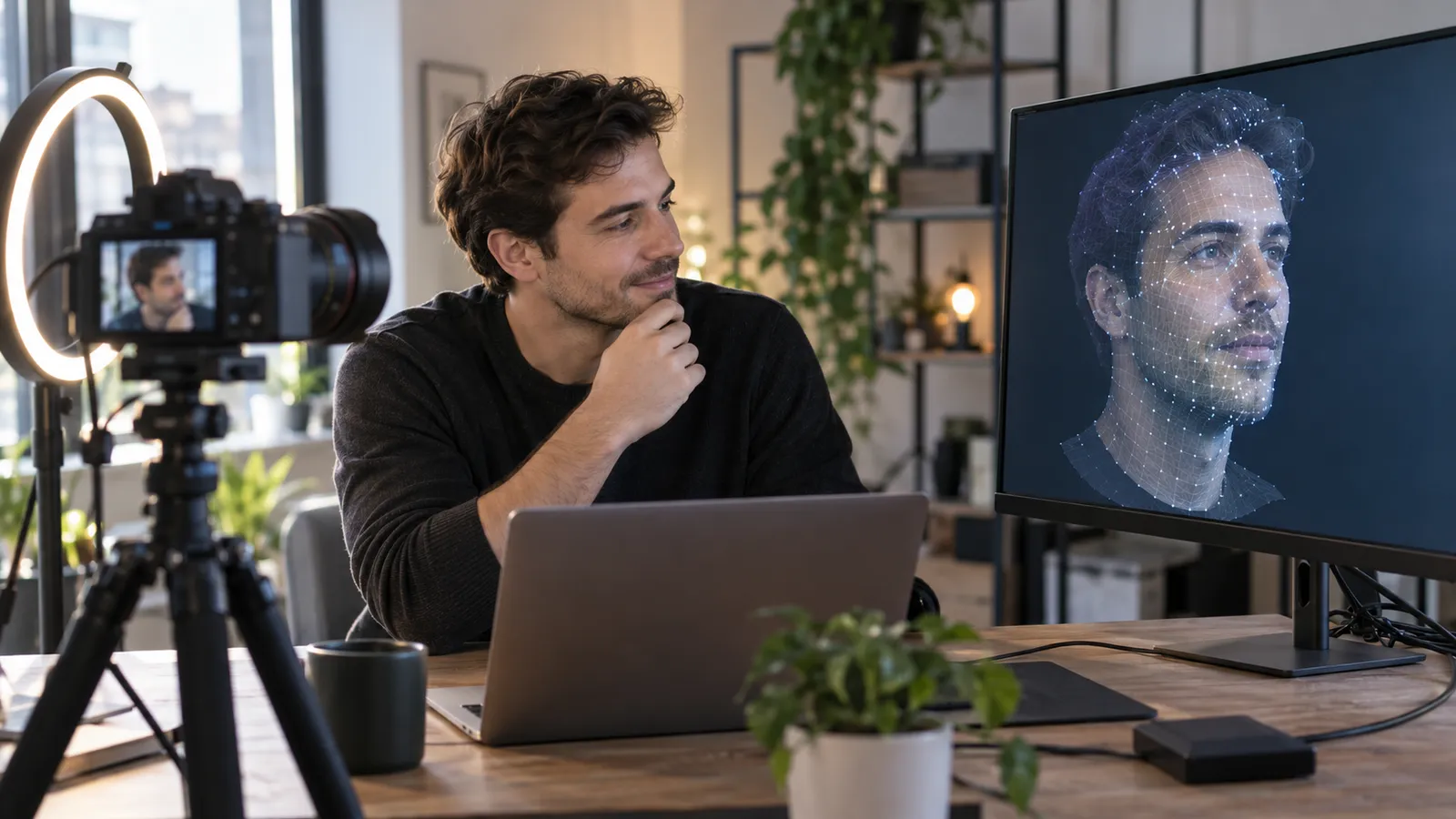 Homem gravando a si mesmo com câmera em tripé e luz de anel, com o próprio rosto exibido no monitor ao lado