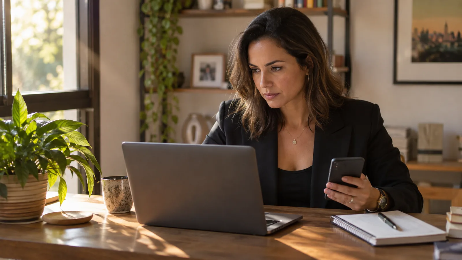 Empresária trabalhando no escritório em casa, olhando para a tela do notebook enquanto confere o celular na outra mão, com luz natural entrando pela janela