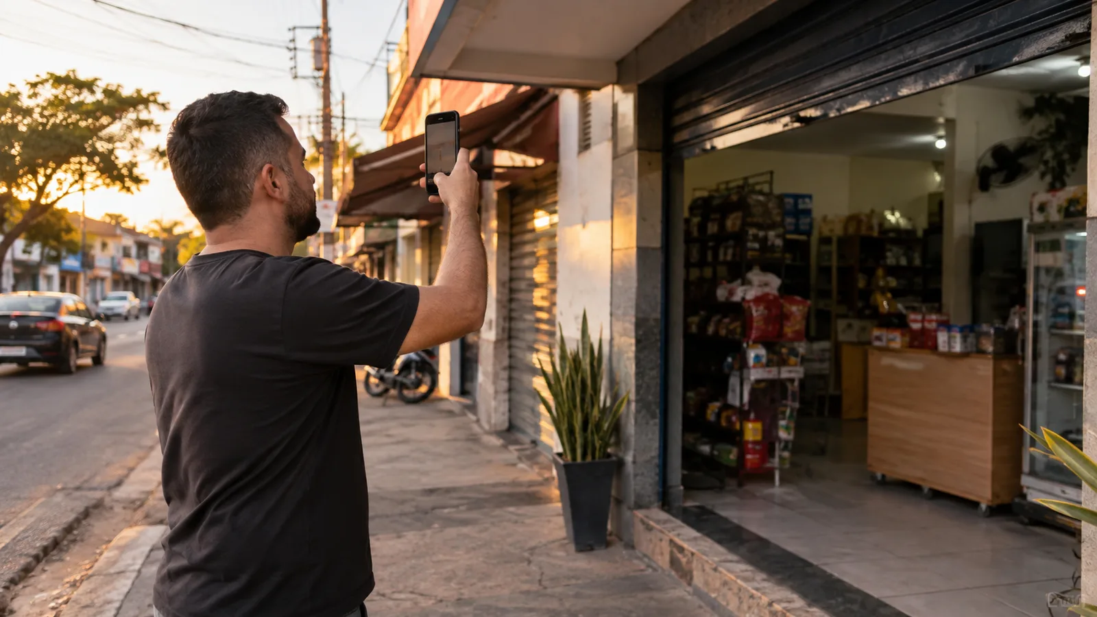 Dono de pequeno comércio grava um vídeo da fachada da própria loja com o celular, no fim da tarde