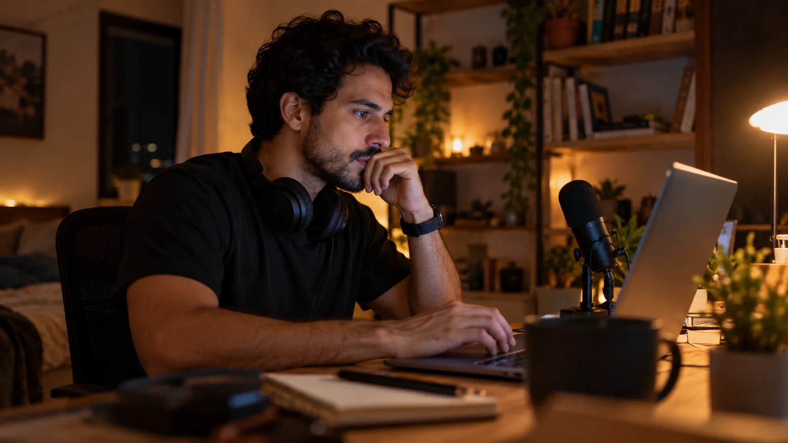 Jovem editando vídeo à noite no notebook, com fones no pescoço e microfone de mesa ao lado, num quarto com estante ao fundo