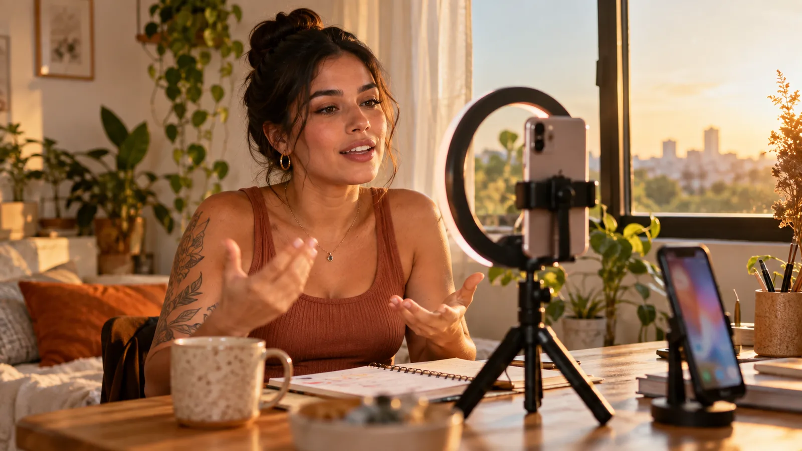 Criadora de conteúdo gravando um vídeo vertical com o celular num tripé com ring light, sentada à mesa perto da janela