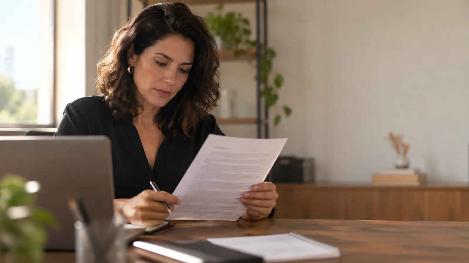 Mulher revisando com atenção uma folha impressa de texto na mesa do escritório, com notebook aberto ao lado
