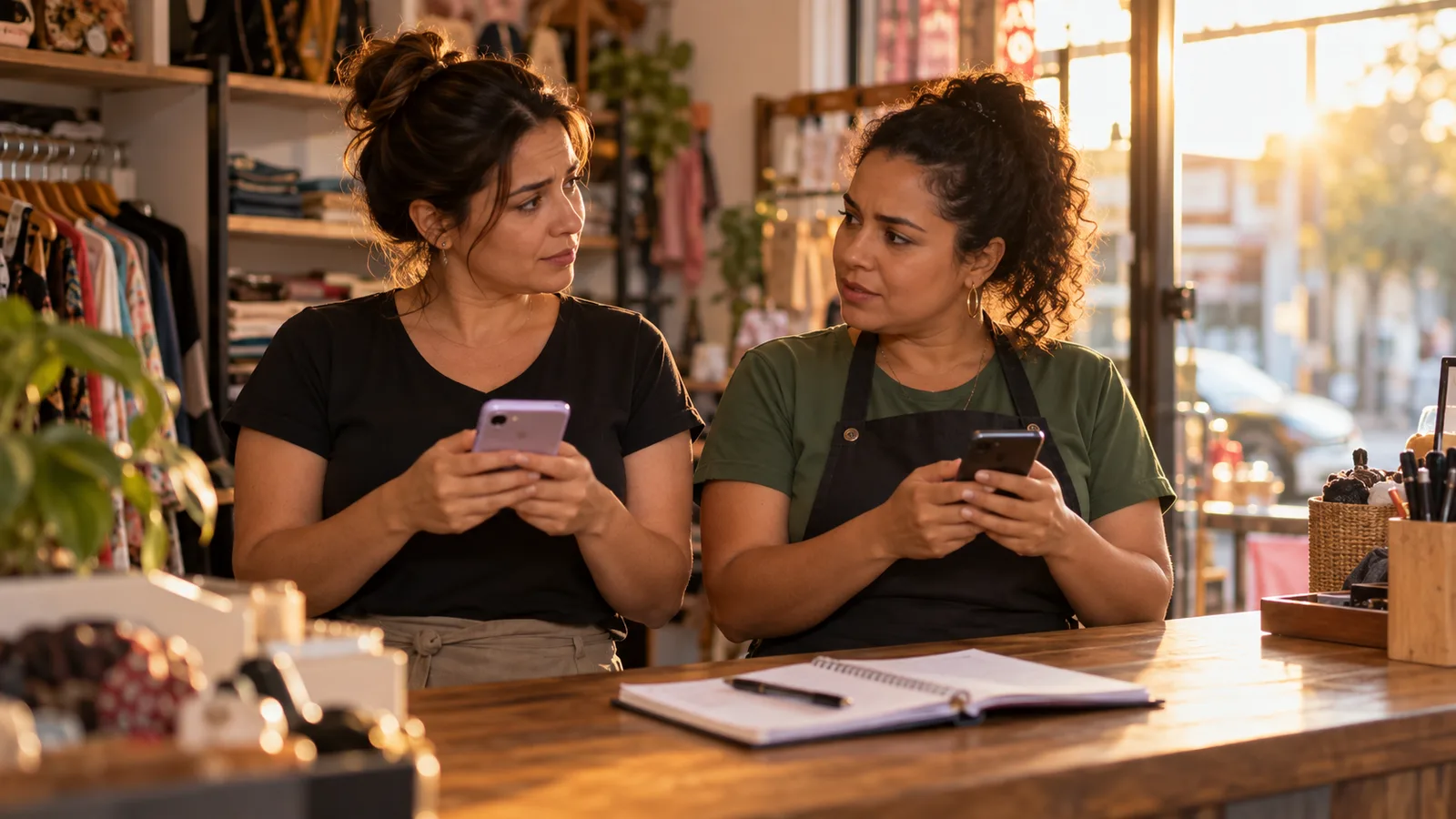 Duas atendentes lado a lado no balcão de uma loja de roupas, cada uma com o celular na mão, trocando um olhar de dúvida