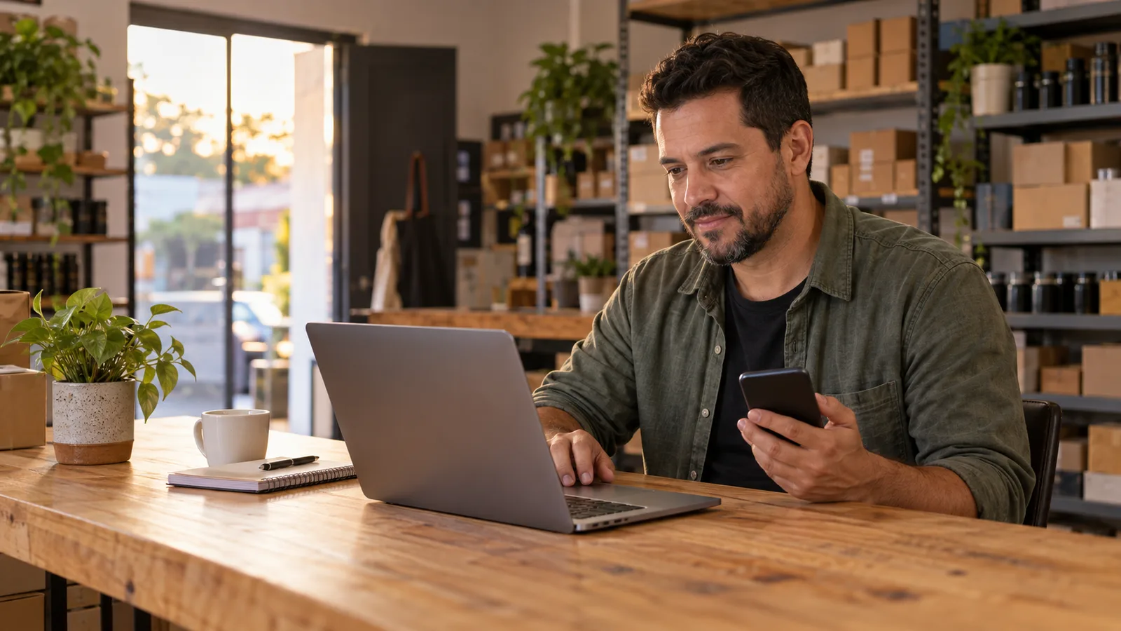 Homem atendendo pelo celular enquanto usa o notebook no balcão da própria loja, com prateleiras de estoque atrás