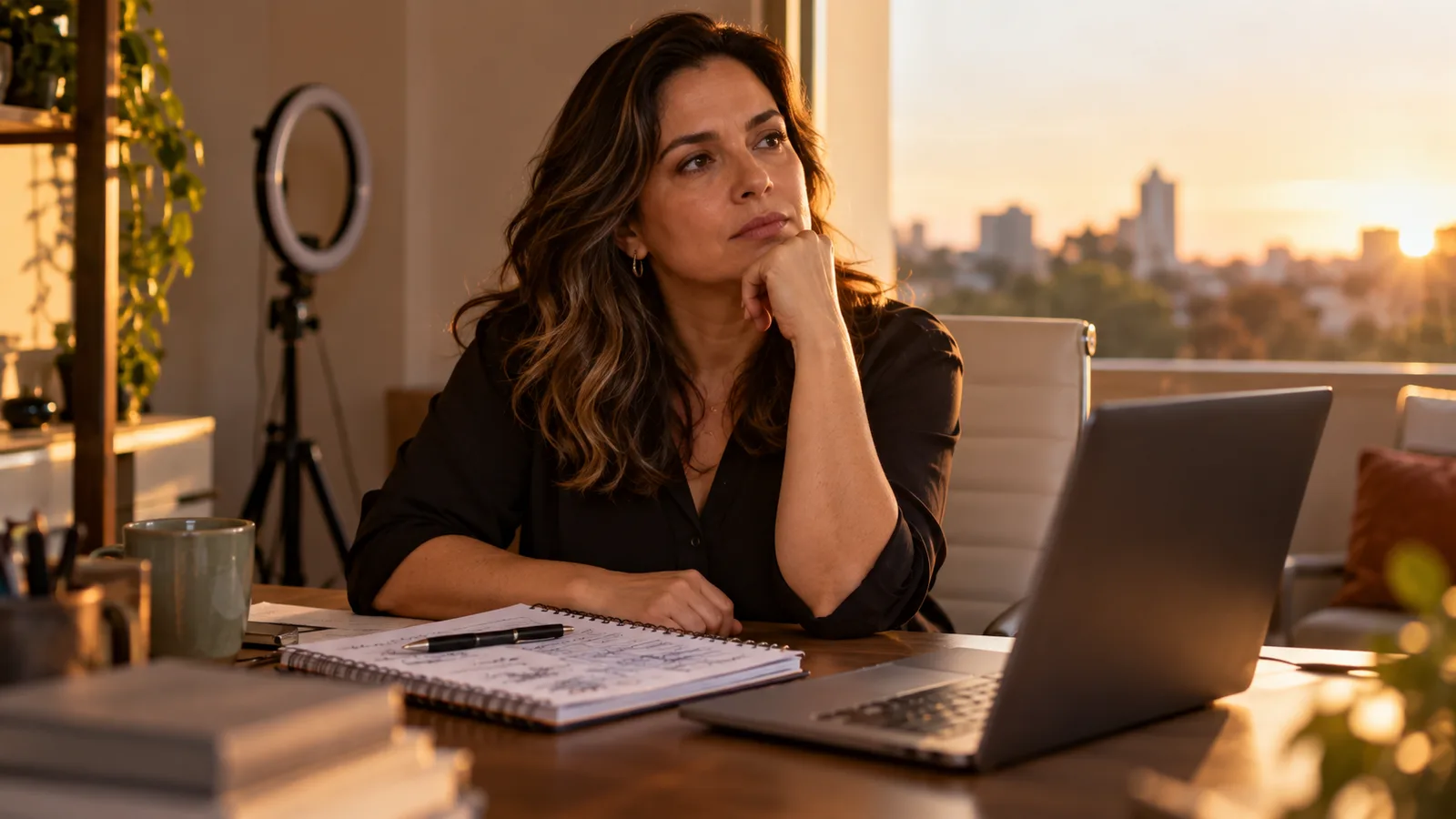 Empresária pensativa à mesa do escritório com notebook e caderno de anotações, com um tripé e ring light ao fundo