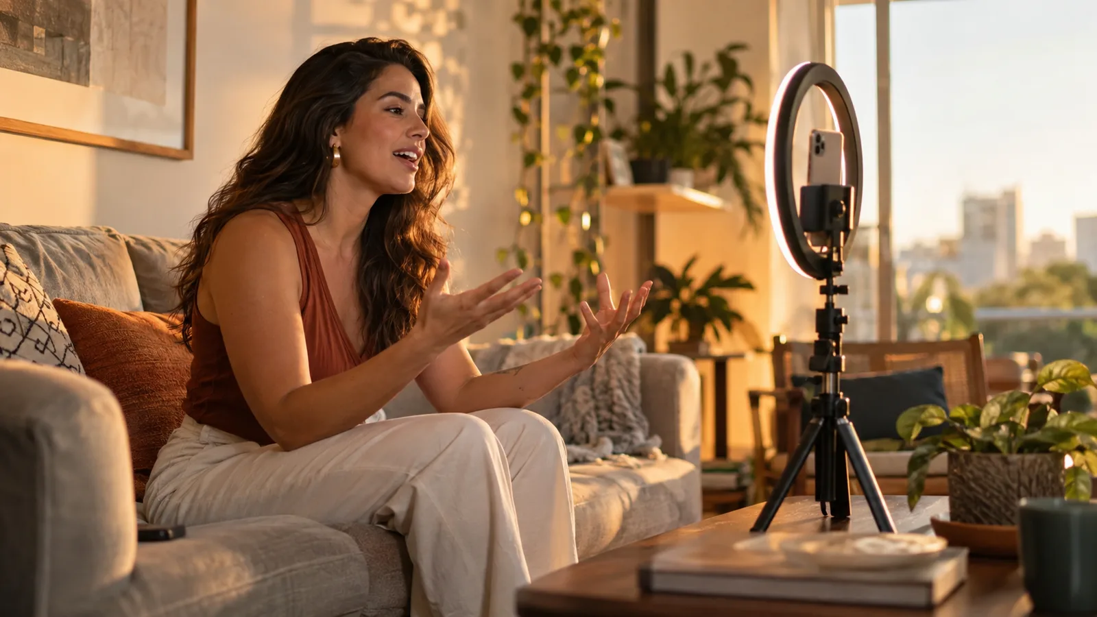 Mulher brasileira gravando um vídeo vertical na sala de casa, falando e gesticulando para o celular preso em um tripé com luz de aro, com luz natural de fim de tarde
