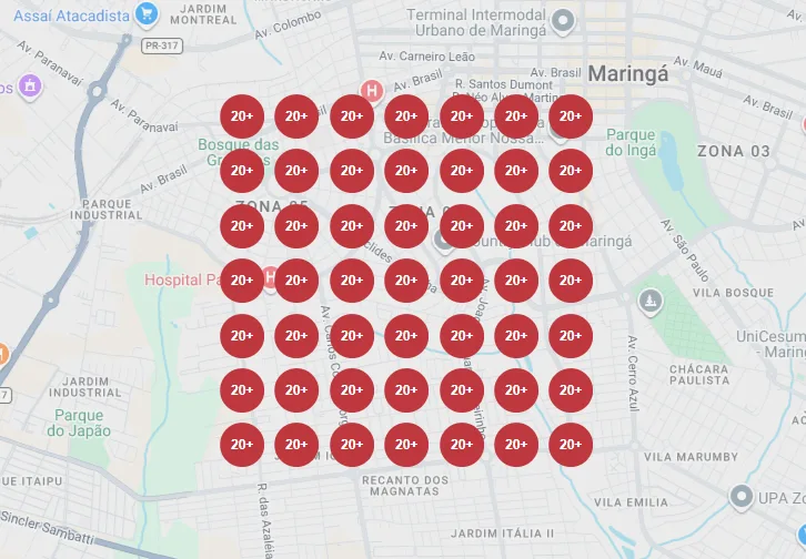 Mapa de calor mostrando o negócio na posição 20+ (invisível) em quase todos os pontos da região