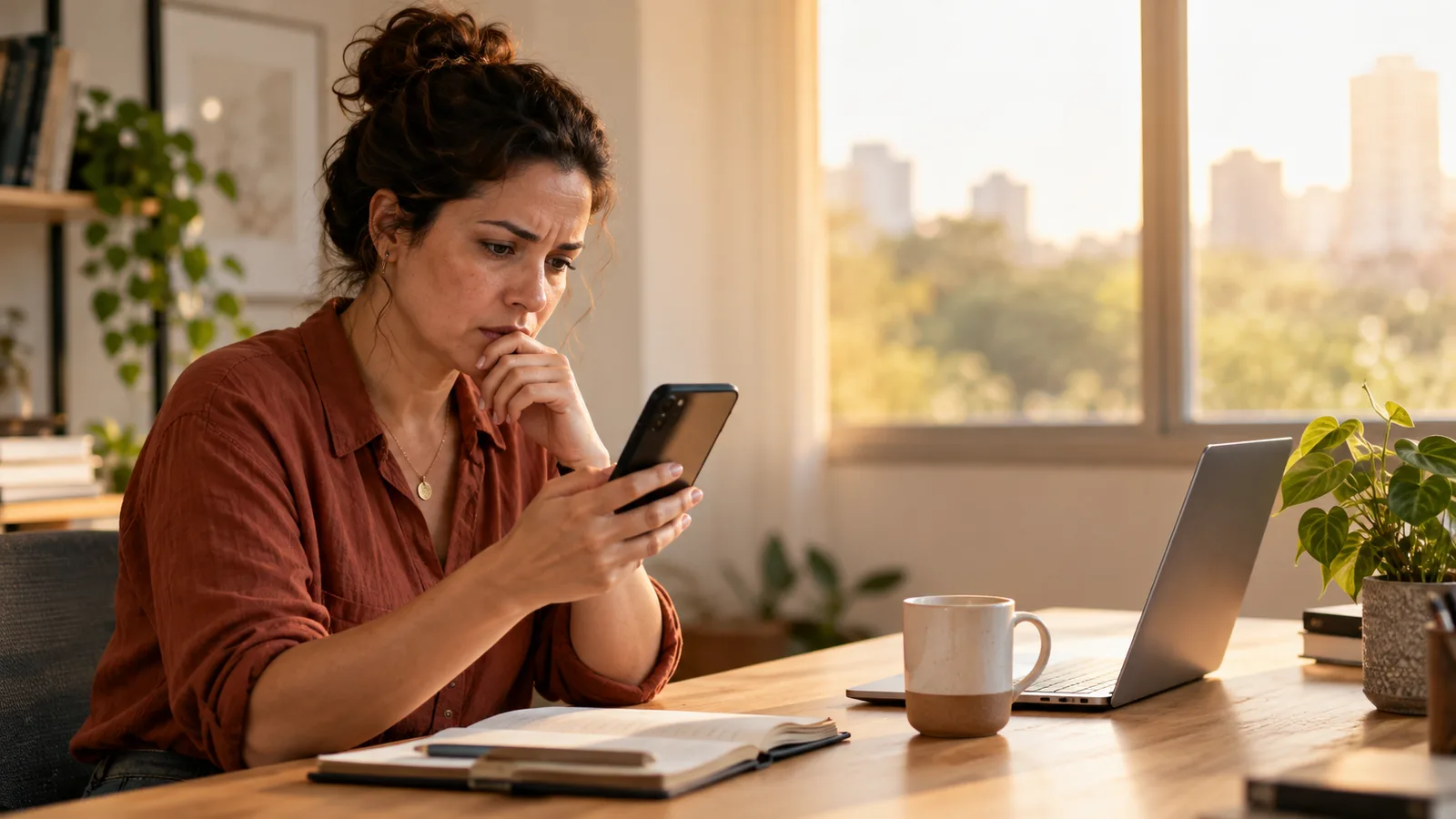 Mulher olhando preocupada para o celular à mesa de trabalho, com notebook aberto e caderno ao lado