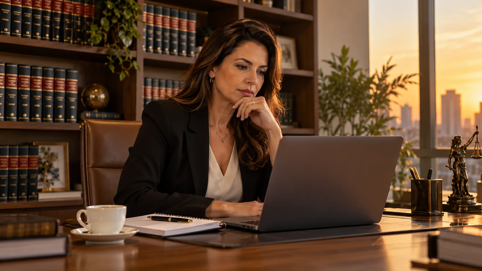 Advogada em escritório com estantes de livros jurídicos, pensativa diante de um notebook, com café e caderno sobre a mesa ao fim da tarde