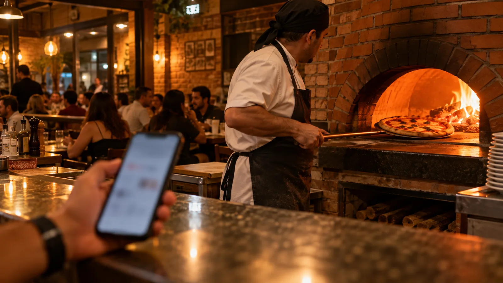 Pizzaiolo tira uma pizza do forno a lenha enquanto, em primeiro plano, um cliente segura o celular no balcão de uma pizzaria movimentada à noite