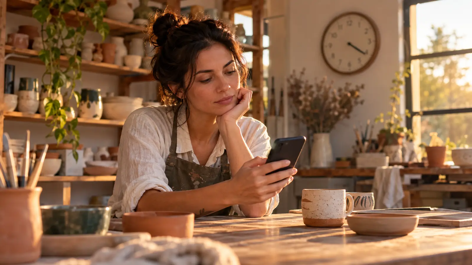 Dona de ateliê de cerâmica olha o celular, pensativa, apoiada na bancada de madeira no fim da tarde