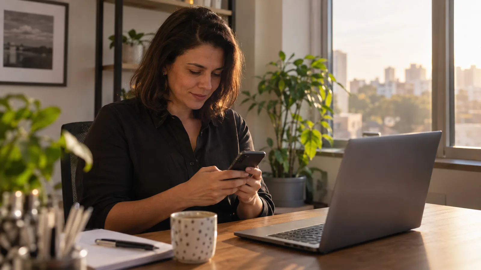 Empreendedora brasileira lendo algo no celular à mesa de um escritório pequeno, com notebook aberto e luz natural de fim de tarde