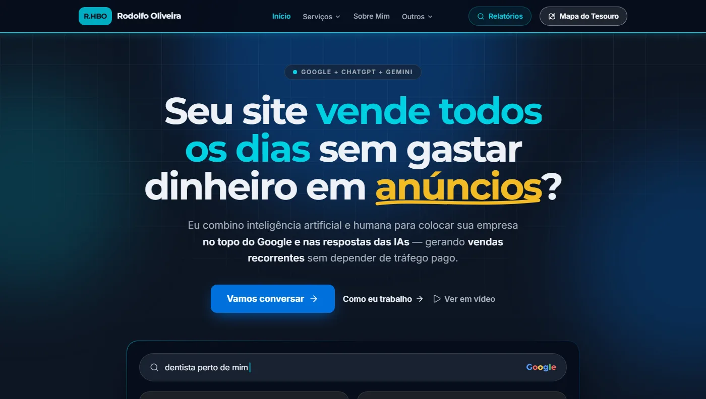 Página inicial do site rodolfohbo.com.br, com fundo escuro, o título sobre vender sem depender de anúncios e o botão Vamos conversar