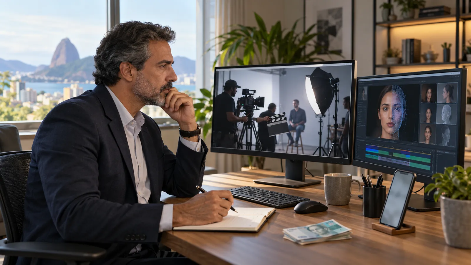 Empresário comparando, em dois monitores, uma gravação com equipe de filmagem e a edição de um avatar digital