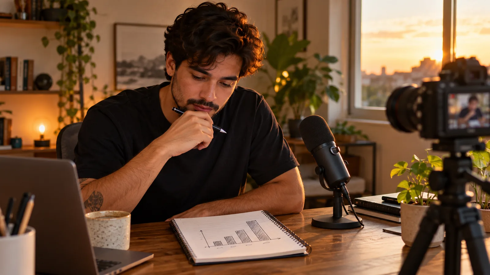 Criador de conteúdo em um home studio analisa um gráfico de barras desenhado à mão no caderno, ao lado de microfone e câmera no tripé