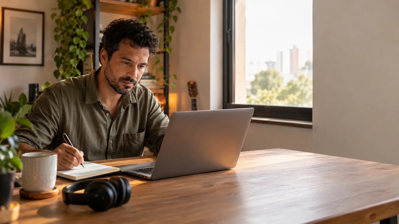 Homem anotando em um caderno enquanto analisa a tela do notebook em um home office com luz de janela