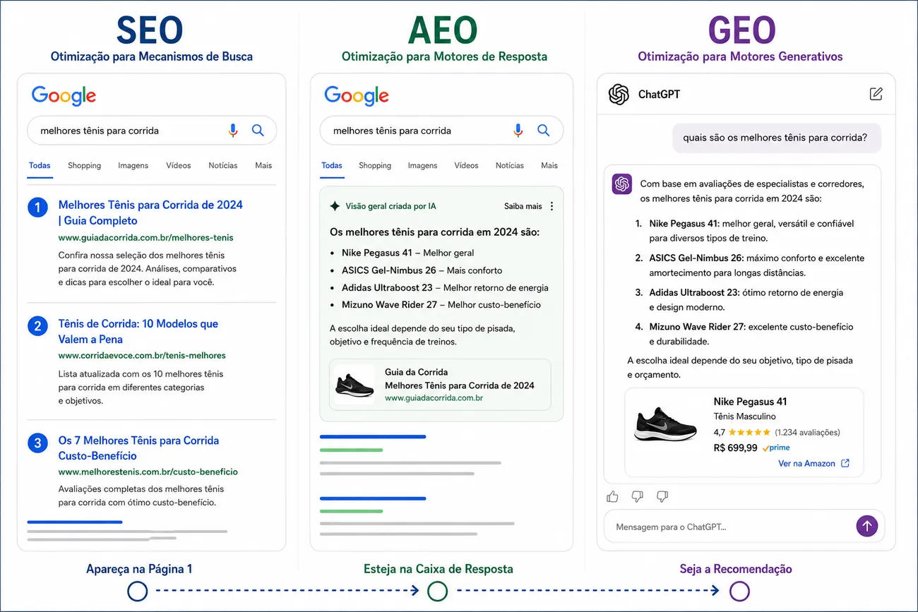 Comparativo SEO, AEO e GEO para a busca "melhores tênis para corrida"