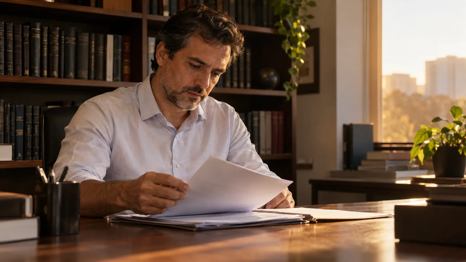 Advogado folheando um documento impresso à mesa de um escritório pequeno, com estante de livros ao fundo e luz natural de fim de tarde