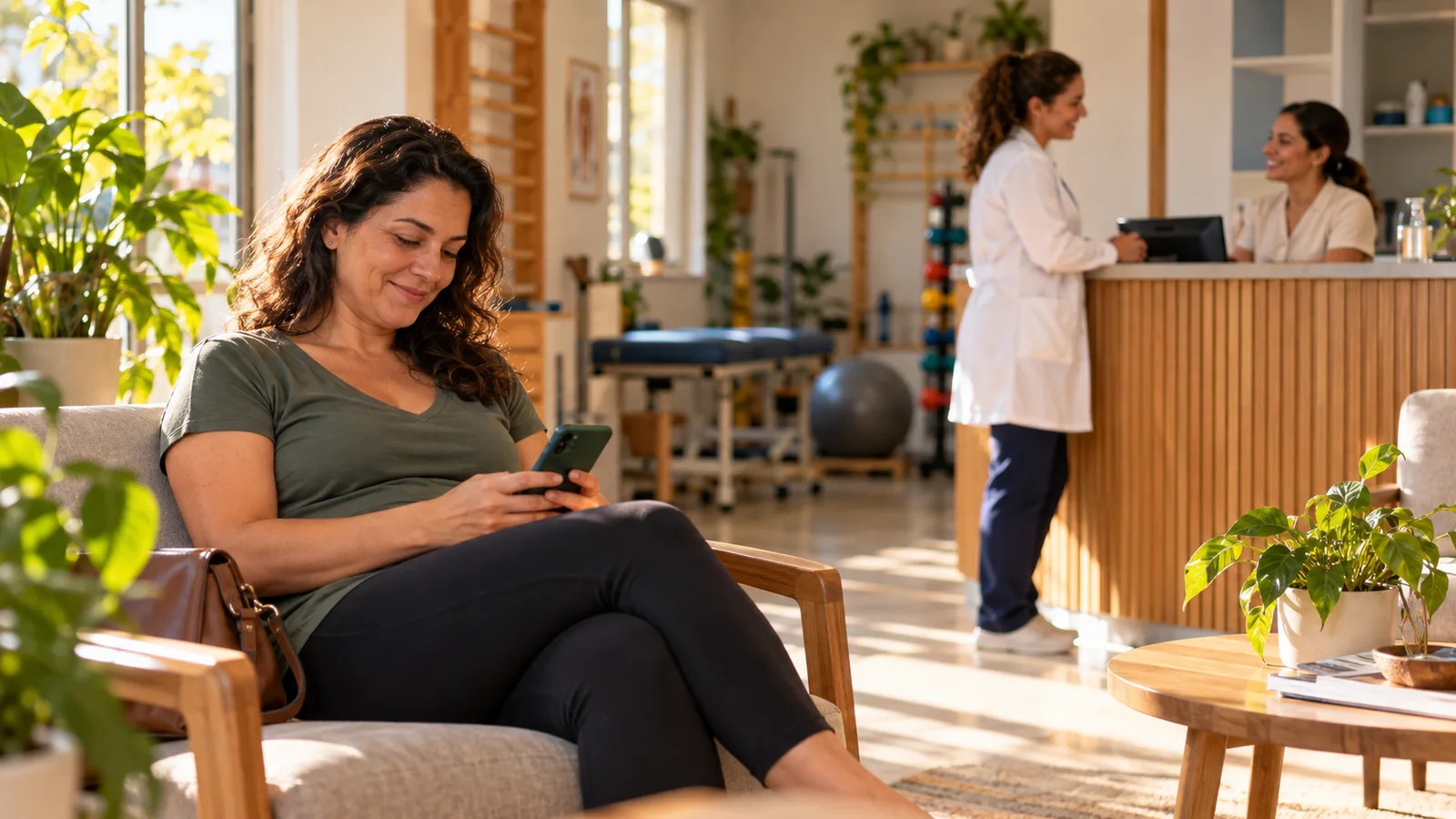 Paciente sentada na recepção de uma clínica de fisioterapia olhando o celular, enquanto a fisioterapeuta conversa com a recepcionista ao fundo