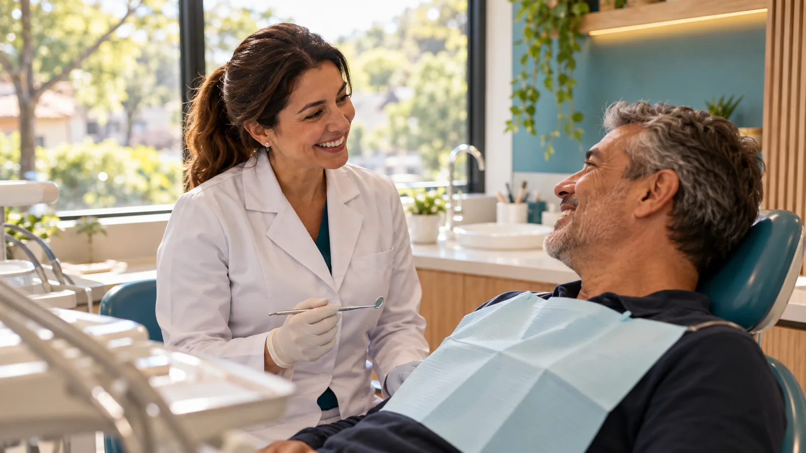 Dentista de jaleco branco sorri enquanto conversa com um paciente de meia-idade deitado na cadeira odontológica, em um consultório com janela para uma rua arborizada