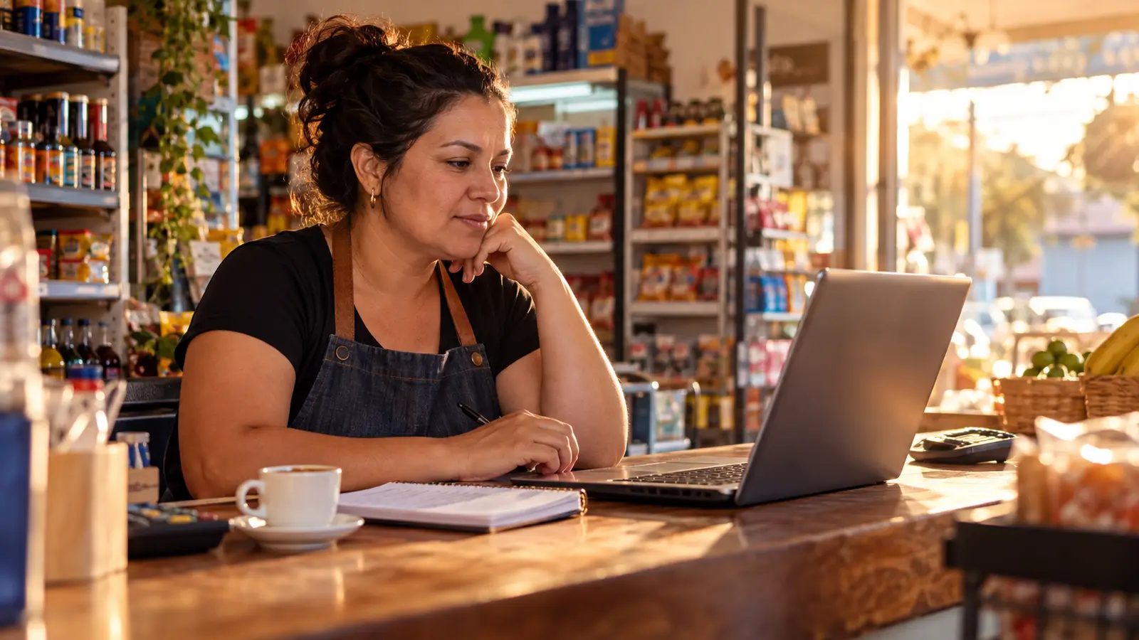 Dona de pequena loja de bairro confere o notebook no balcão, ao lado de um caderno e uma xícara de café