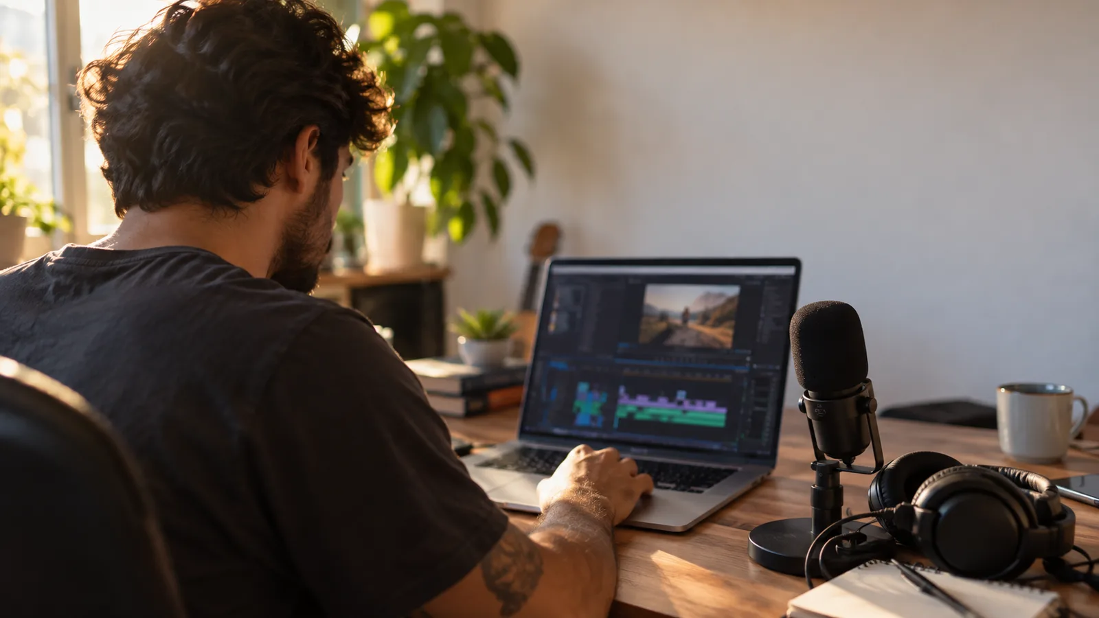 Homem editando vídeo no notebook em um home studio, com microfone de mesa e fone de ouvido ao lado