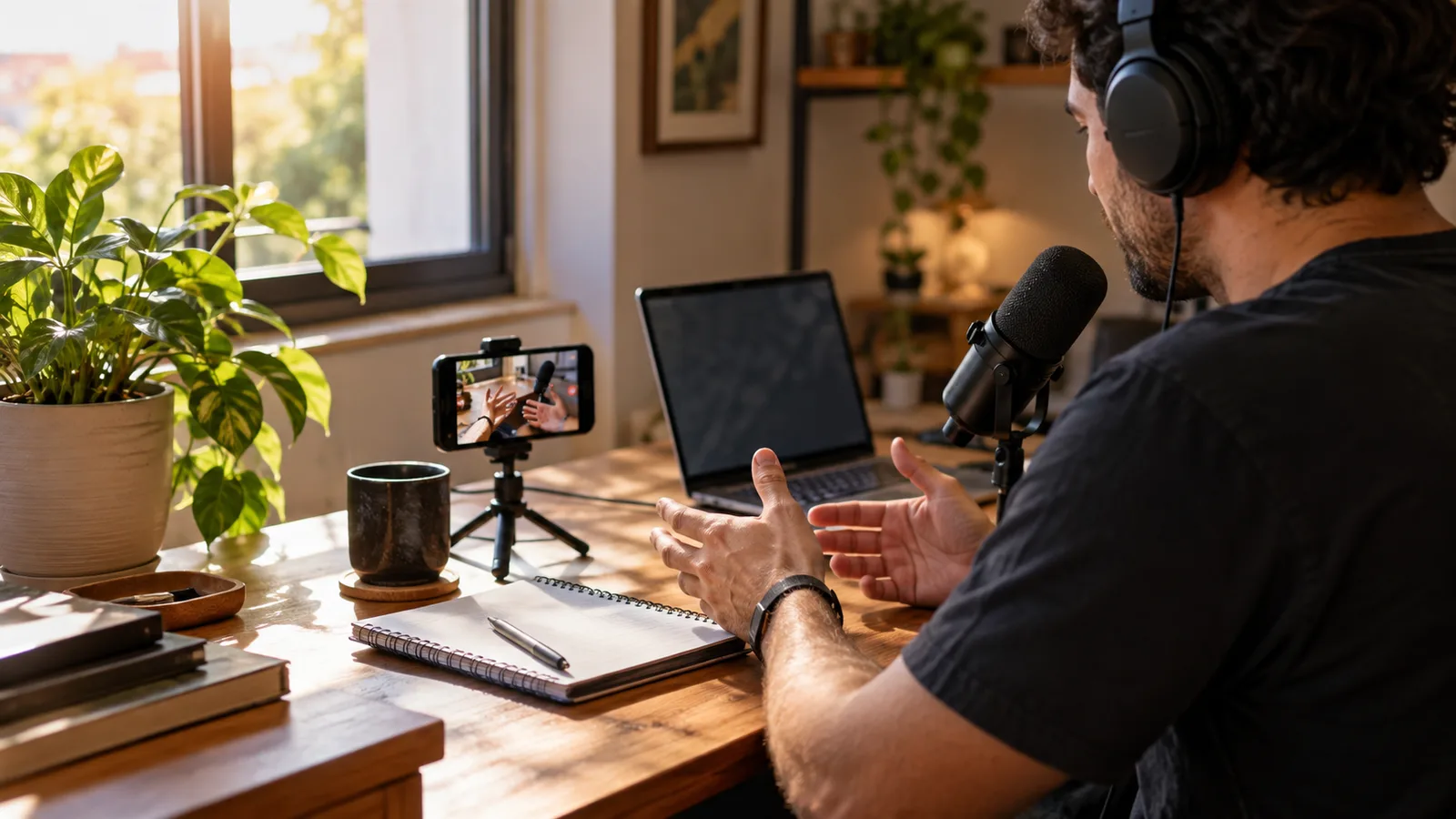 Empreendedor brasileiro de costas para a câmera, com fones de ouvido e microfone de mesa, gravando conteúdo enquanto um celular em mini tripé filma suas mãos, em escritório em casa com luz natural